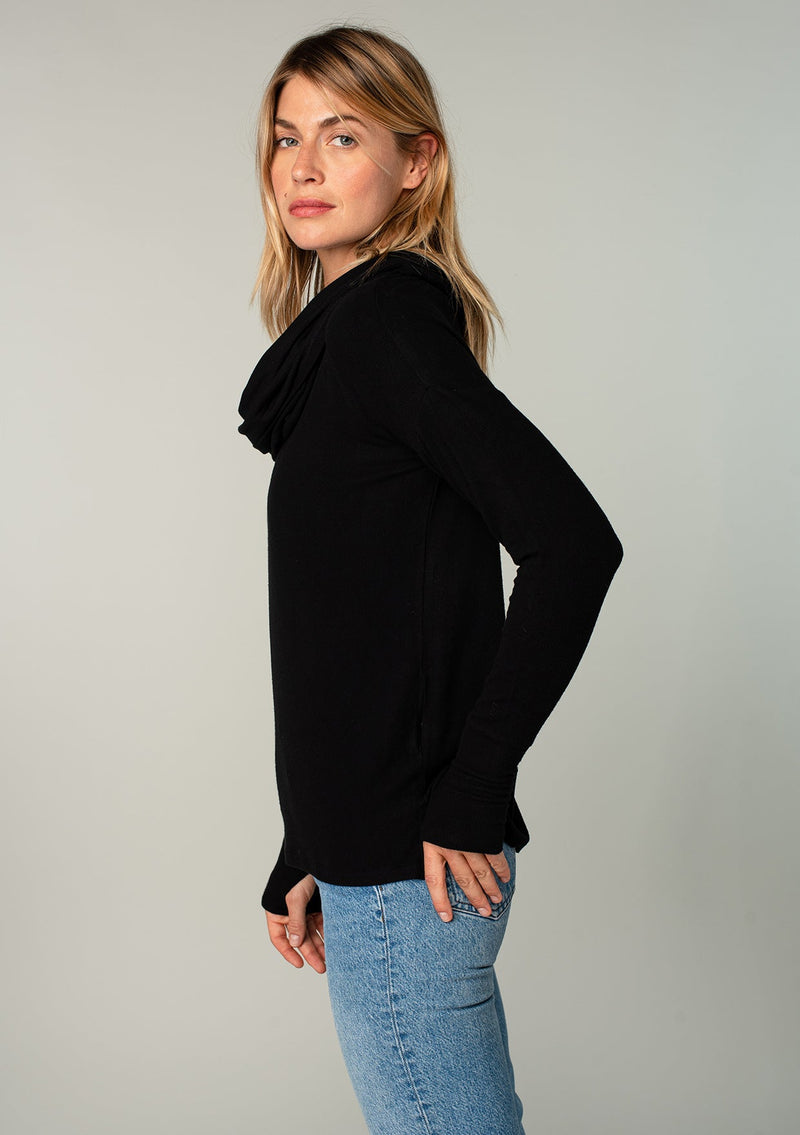 Long Weekend Micro Rib Cowl Neck Top BLAK