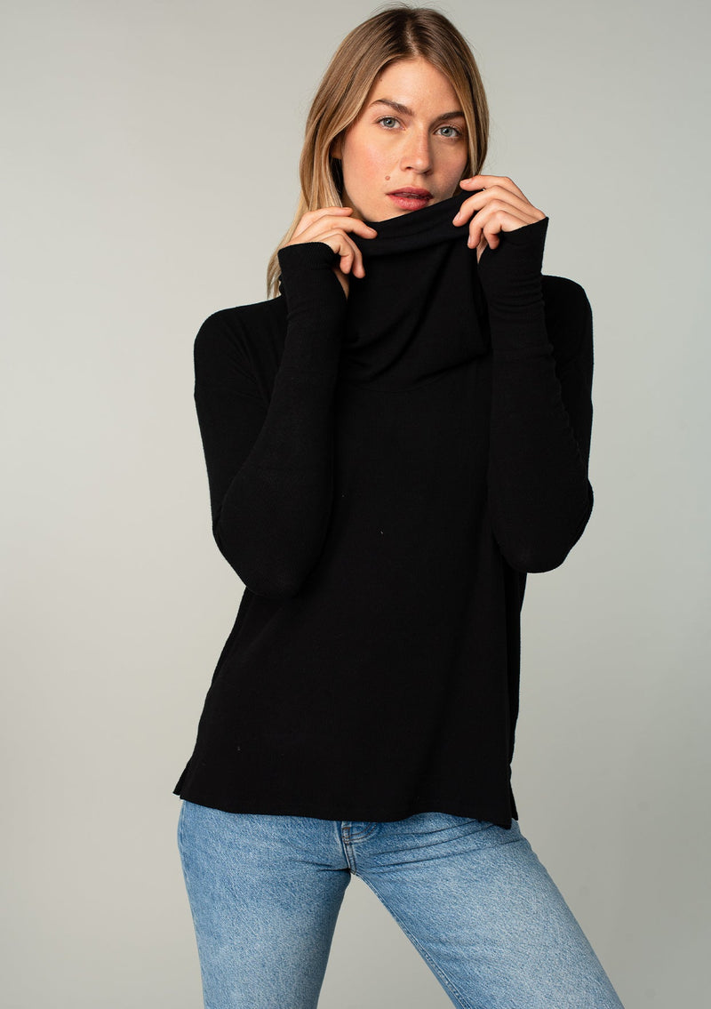 Long Weekend Micro Rib Cowl Neck Top BLAK